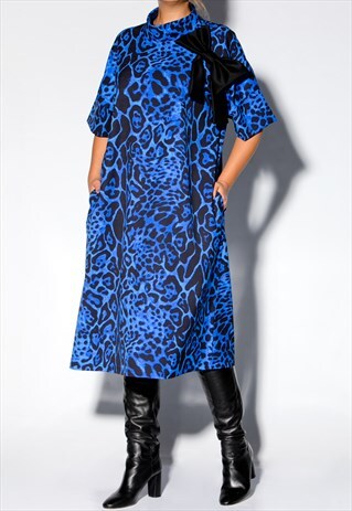 WOMEN BLUE DRESS, ANIMAL PRINT DRESS, LOOSE DRESS,MIDI DRESS