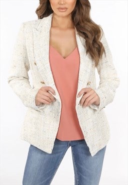 Multi Knitted Double Breasted Blazer In Cream
