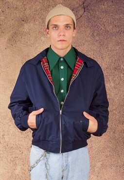 90s bomber jacket in Ivy Oxford style, navy blue color
