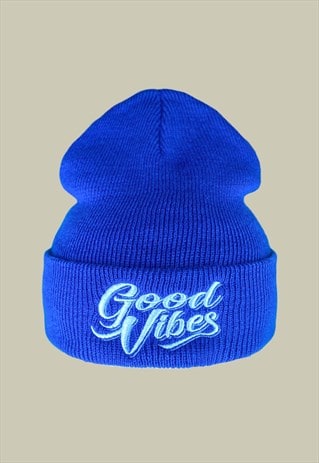 GOOD VIBES EMBROIDERY BEANIE HAT IN ROYAL BLUE
