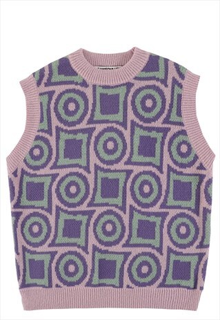 GEOMETRIC PRINT SLEEVELESS SWEATER PREPPY CARDIGAN IN PURPLE