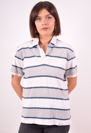 CHAMPION WOMENS VINTAGE POLO SHIRT MEDIUM GREY STRIPES 90S