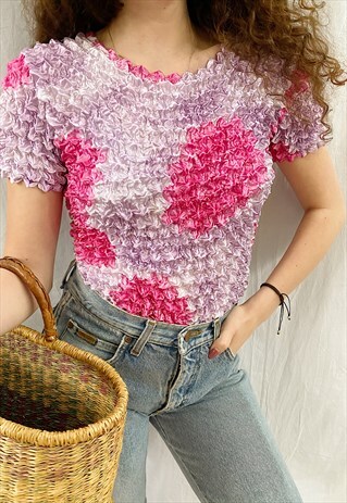 VINTAGE 90S CRINKLED SATIN FLORAL PRINT BLOUSE CROP TOP BOHO