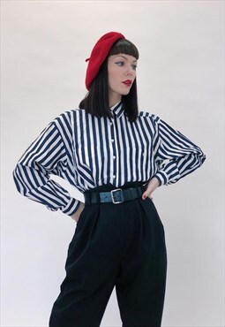 80s Vintage Blue White Striped Pattern Blouse Shirt