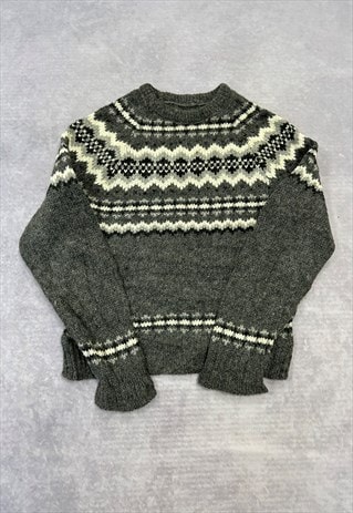 VINTAGE KNITTED JUMPER ABSTRACT PATTERNED GRANDAD SWEATER