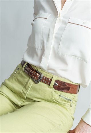 VINTAGE 70S BROWN WESTERN BELT WITH METALLIC DETAIL