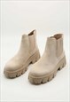FAUX SUEDE CHUNKY HEEL BOOTS IN BEIGE