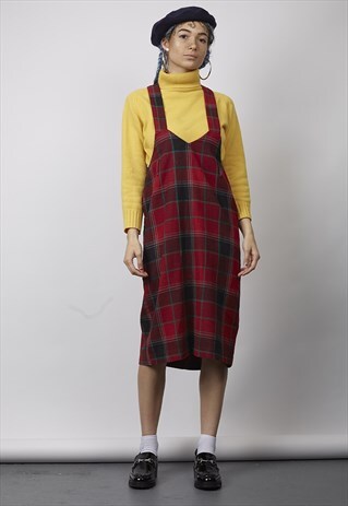VINTAGE 80'S BENETTON RED TARTAN PINAFORE MIDI DRESS