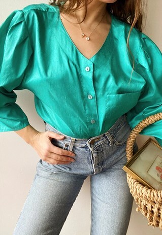VINTAGE 80S PUFF SLEEVE PARISIAN SATIN GLOSSY BLOUSE TOP
