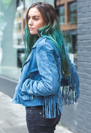 BLUE SUEDE FRINGE BIKER JACKET