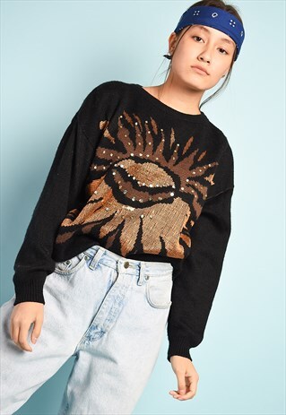 VINTAGE 80'S RETRO SEQUINNED FLORAL PATTERN KNIT JUMPER