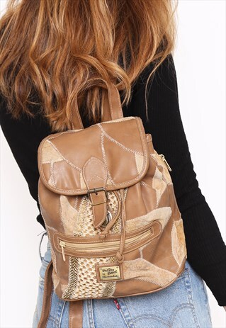 VINTAGE 90S BROWN LEATHER PATCHWORK RUCKSACK BACKPACK