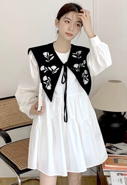 White Smock Dress with Oversized Embroidery Collar Cape