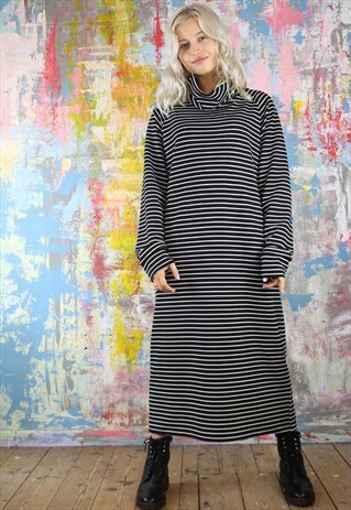 OVERSIZED MAXI DRESS IN BLACK N WHITE STRIPES WITH COWL NECK