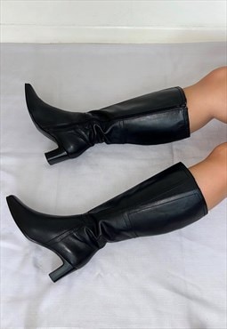 Black 90s Leather Vintage Knee High Boots