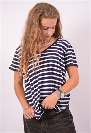 VINTAGE POLO RALPH LAUREN T-SHIRT TOP STRIPES BLUE