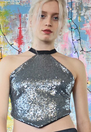 SEQUIN BACKLESS TOP IN SILVER