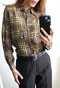 Check Plaid Paisley Brown Khaki Elegant Blouse Shirt L
