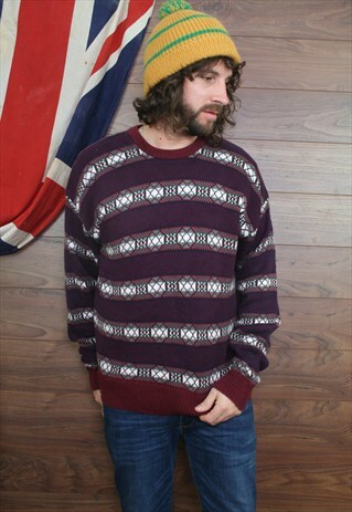 VINTAGE ICELANDIC COSBY PATTERNED KNIT JUMPER ,LARGE,(28)
