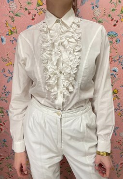 Vintage Y2K Blouse White cotton shirt with a ruffle Women 