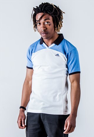 VINTAGE 90S ADIDAS POLO SHIRT IN WHITE, BLUE AND BLACK