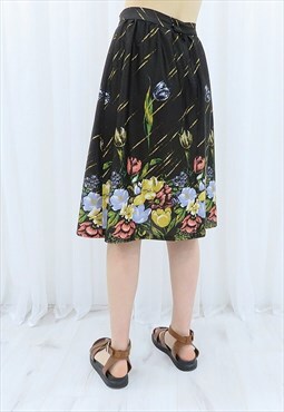 80s Vintage Black Floral Midi Skirt