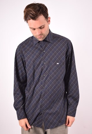 LACOSTE MENS VINTAGE SHIRT XL NAVY BLUE CHECK 90S