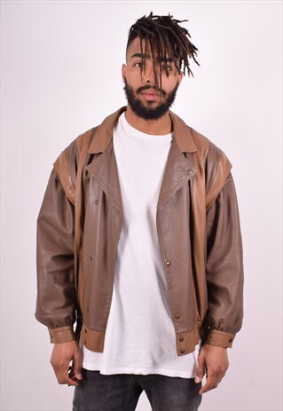MENS VINTAGE FAUX LEATHER JACKET LARGE BROWN 90S