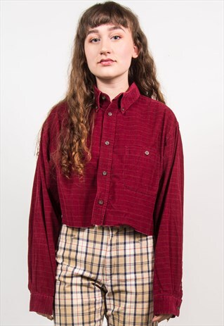 VINTAGE 90'S CROPPED RED CHECKED CORD RAW HEM SHIRT