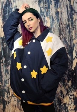 Star varsity jacket retro space bomber patch coat in blue