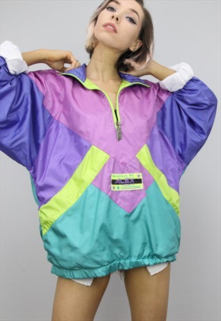 VINTAGE 80S 90S OVERSIZED SHELL SUIT FESTIVAL 1/4 ZIP JACKET