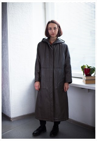 VINTAGE 80'S BROWN LEATHER HOODED COAT