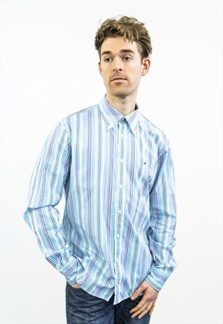 TOMMY HILFIGER VINTAGE 1990S BLUE AND GREEN STRIPED SHIRT
