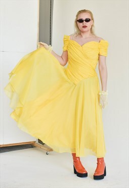 Vintage 80s Princess Sweetheart Neckline Yellow Prom Dress S