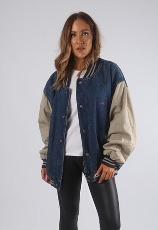 VINTAGE VARSITY DENIM BOMBER JACKET OVERSIZED UK 18 (72B)