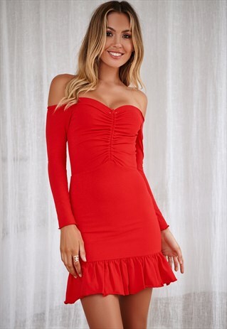 RED OFF THE SHOULDER DRESS W/ BUST SHIRRING