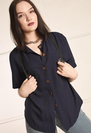 80'S RETRO NAUTICAL NAVY BLUE PARIS CHIC SHIRT TOP