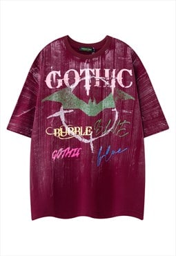 Gothic t-shirt bat print tee acid wash punk top in red