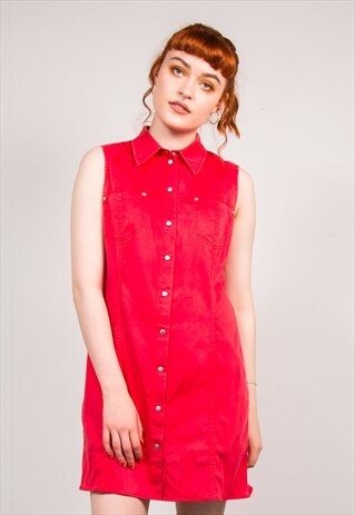 VINTAGE 90'S RED BUTTON FRONT MINI SUMMER SHIRT DRESS