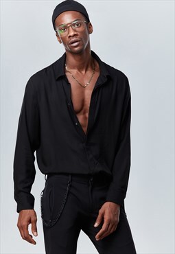 Black Long Sleeve Shirt - Viscose Fabric, Minimalist