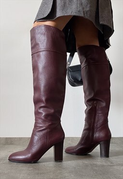 Preloved real leather high heel boots in purple