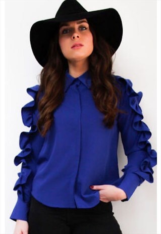 BLUE ZIP FRILL SLEEVE SHIRT