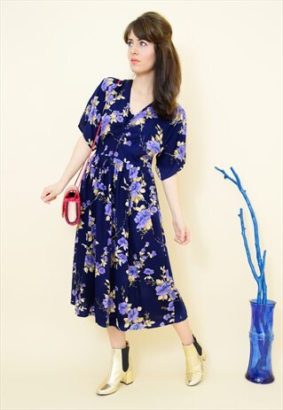 VINTAGE 90S BLUE PRETTY FLORAL PRINT SUMMER DRESS