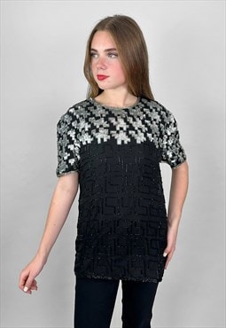 80's Vintage Lawrence Kazar Black Silver Sequin Top