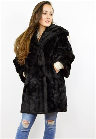 VINTAGE 80S BLACK FAUX FUR COAT