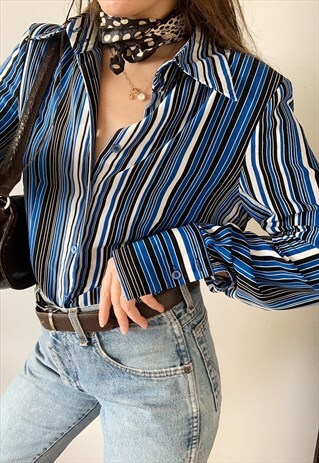 VINTAGE 90S MOD STRIPED LYCRA PARISIAN CHIC SHIRT TOP BLOUSE