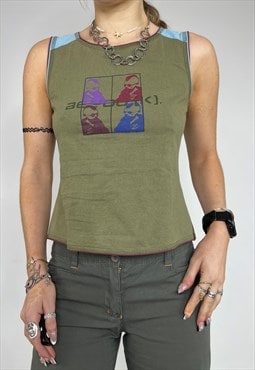 Vintage Y2k Top Tank Vest Graphic Print Grunge Khaki 90s 