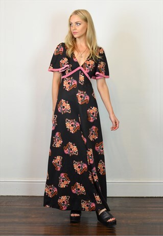 VINTAGE 70S BLACK & PINK FLORAL PRINT BOHO MAXI DRESS