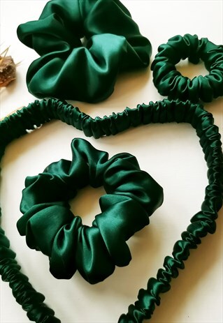 HANDMADE 4 PIECES EMERALD GREEN HAIR SCRUNCHIES & HEADBAND