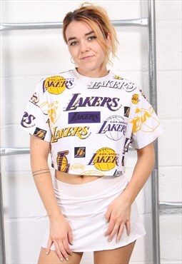 Vintage NBA Lakers T-Shirt White Loose Fit Cropped Tee Small